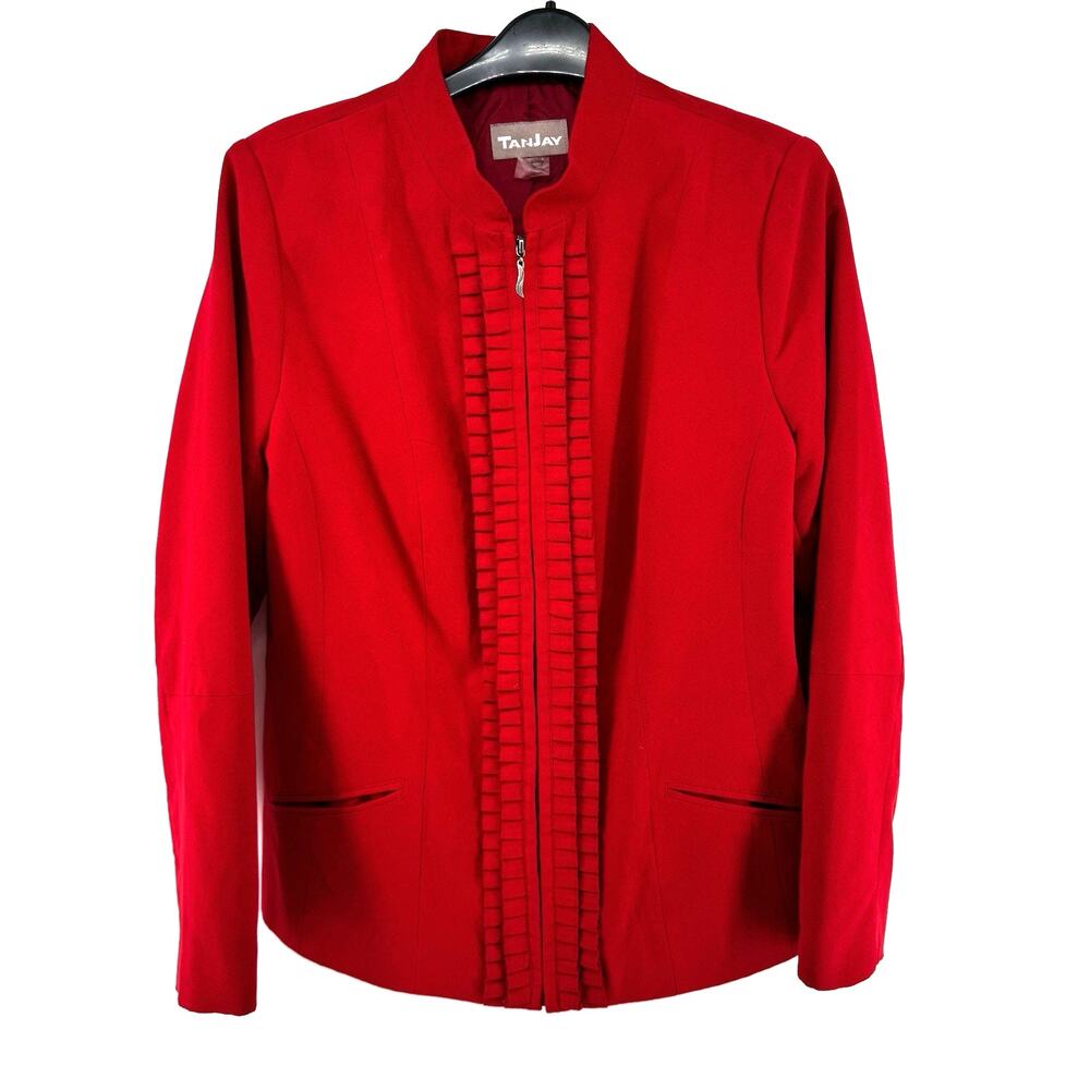 TanJay Red Blazer Zip up Stitched Ruffles Size 12